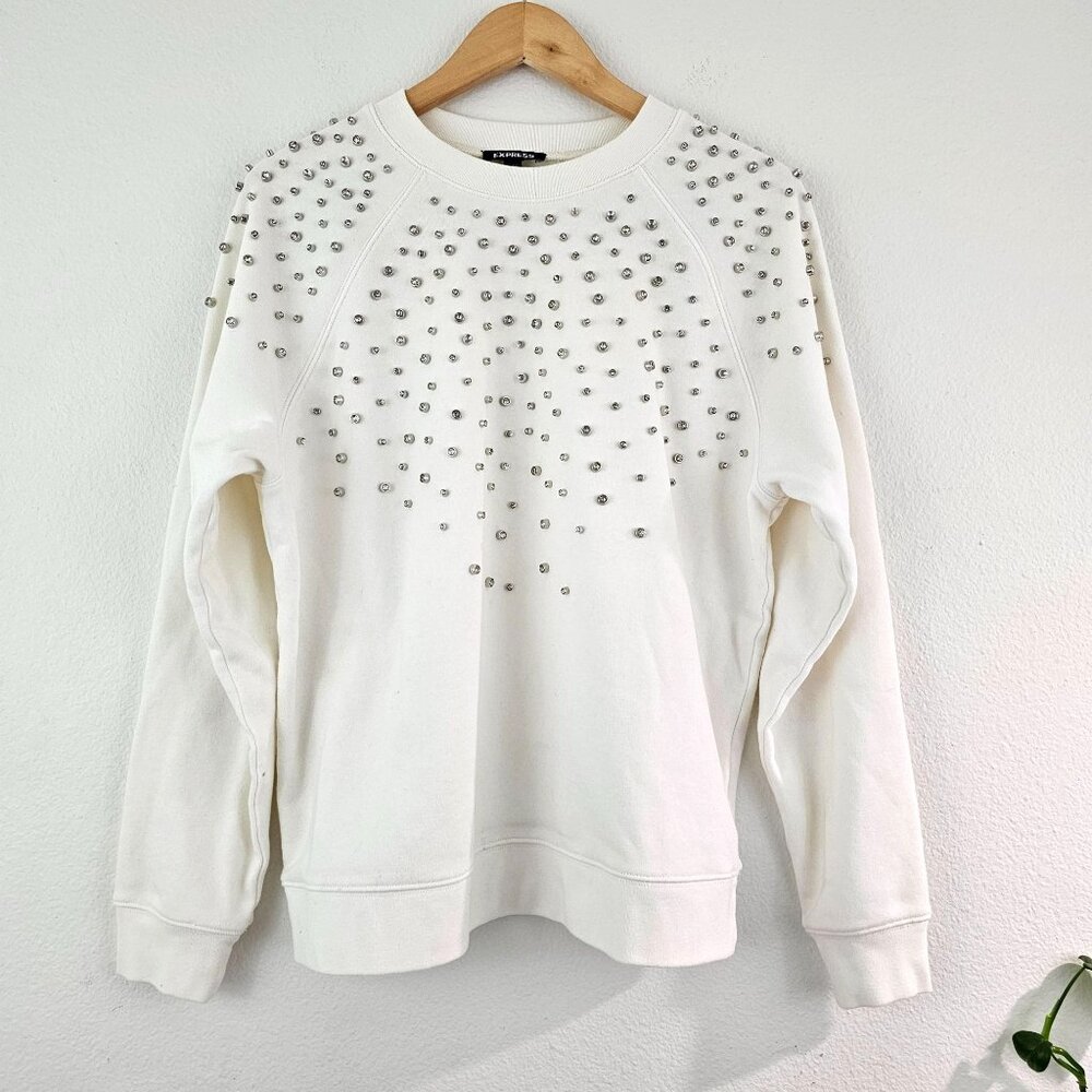 Express Womens Sz L Neutral Rhinestone Embellished Crew Neck Fleece Sweatshirt